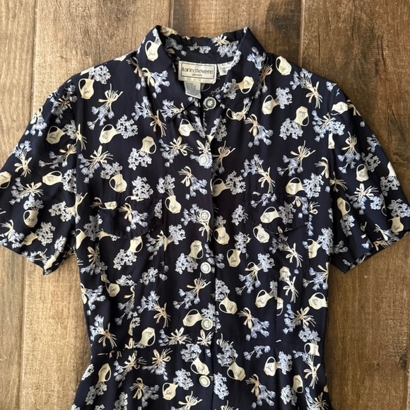 Vintage Karin Stevens Petites Paris Floral Bouquets Midi Dress, Navy Cream,L - Picture 1 of 9